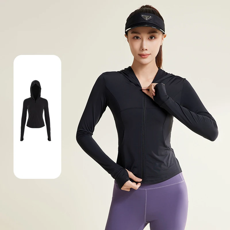 PINGNIAO-Veste respirante à manches longues pour le yoga, haut à capuche avec fermeture éclair, protection UV, séchage rapide, fitness, course à pied et gym