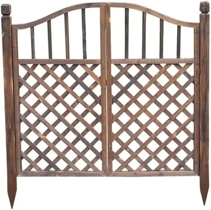 Outdoor Garden Gates, Wood Arched Double Door Fence Gate | Freestanding Fencing, Carbonized Vintage Wooden Doors for Home Yard a