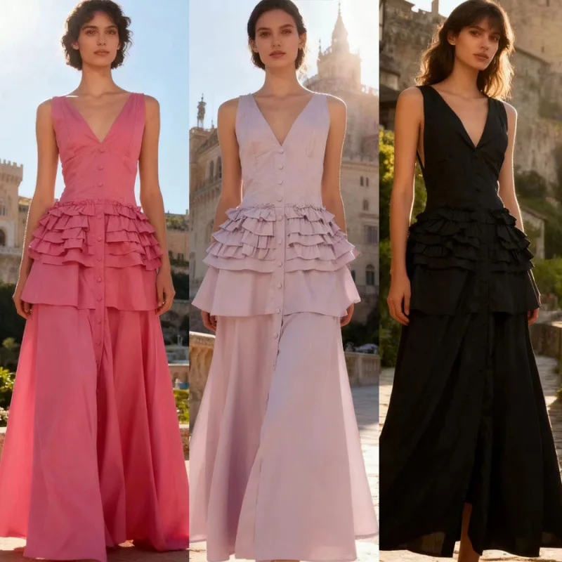 Ele Long V-Ne Vaion Dr Pure Color Street Sle Vita alta Fce Materiale Midi Dr per donne di mezza età