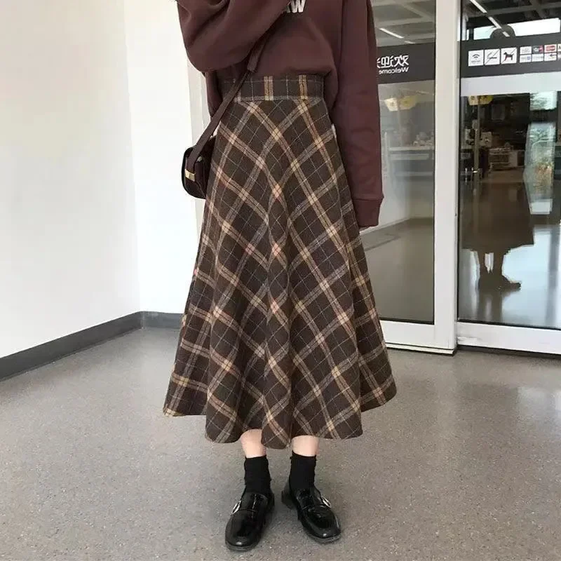 

Autumn Plus Size 45-95kg Plaid Knitted Skirt Vintage Women Elastic A-line High Waist Tweed Skirt Elegant Warm Midi Skirts P610