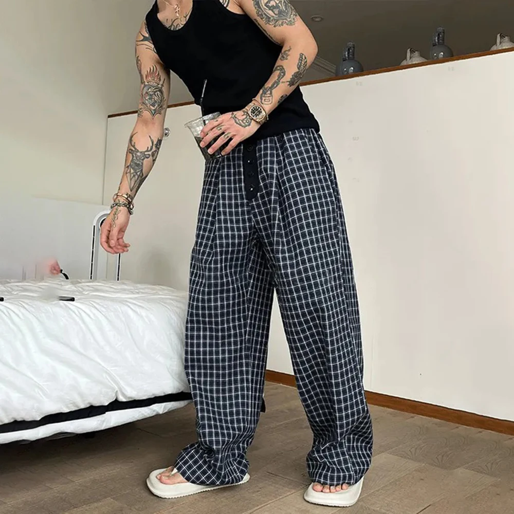 

Mens Ins Trendy Checkered Restaurant Kitchen Chef Pants Autumn Hawaiian Casual Vintage Button Placket Pants Unisex Clothing 2024