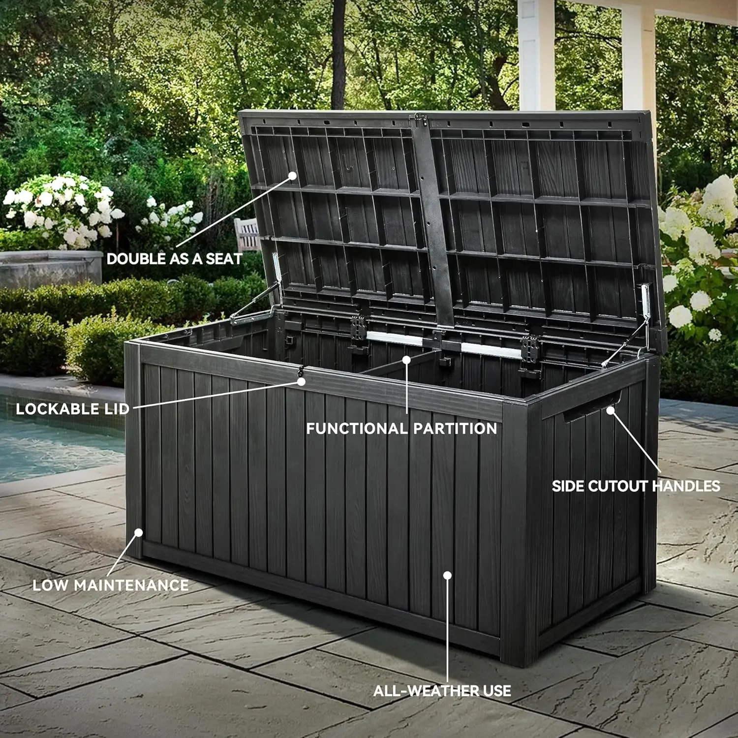 Yitahome 180 Gallon Xl Deck Box Grote Buitenopslag W/Verdeler Voor Terrasmeubilair, Buitenkussens, Tuingereedschap, Sport