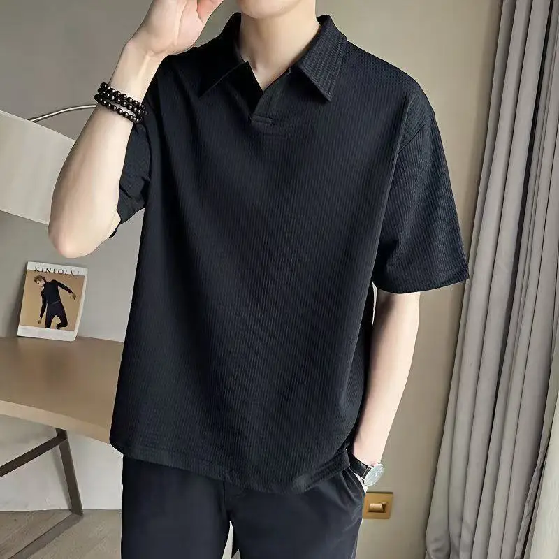 Trend Polo Neck Loose Simplicity T Shirts Men's New Summer Short Sleeve Solid Street Casual Tops Fashion Vintage Men Clothing