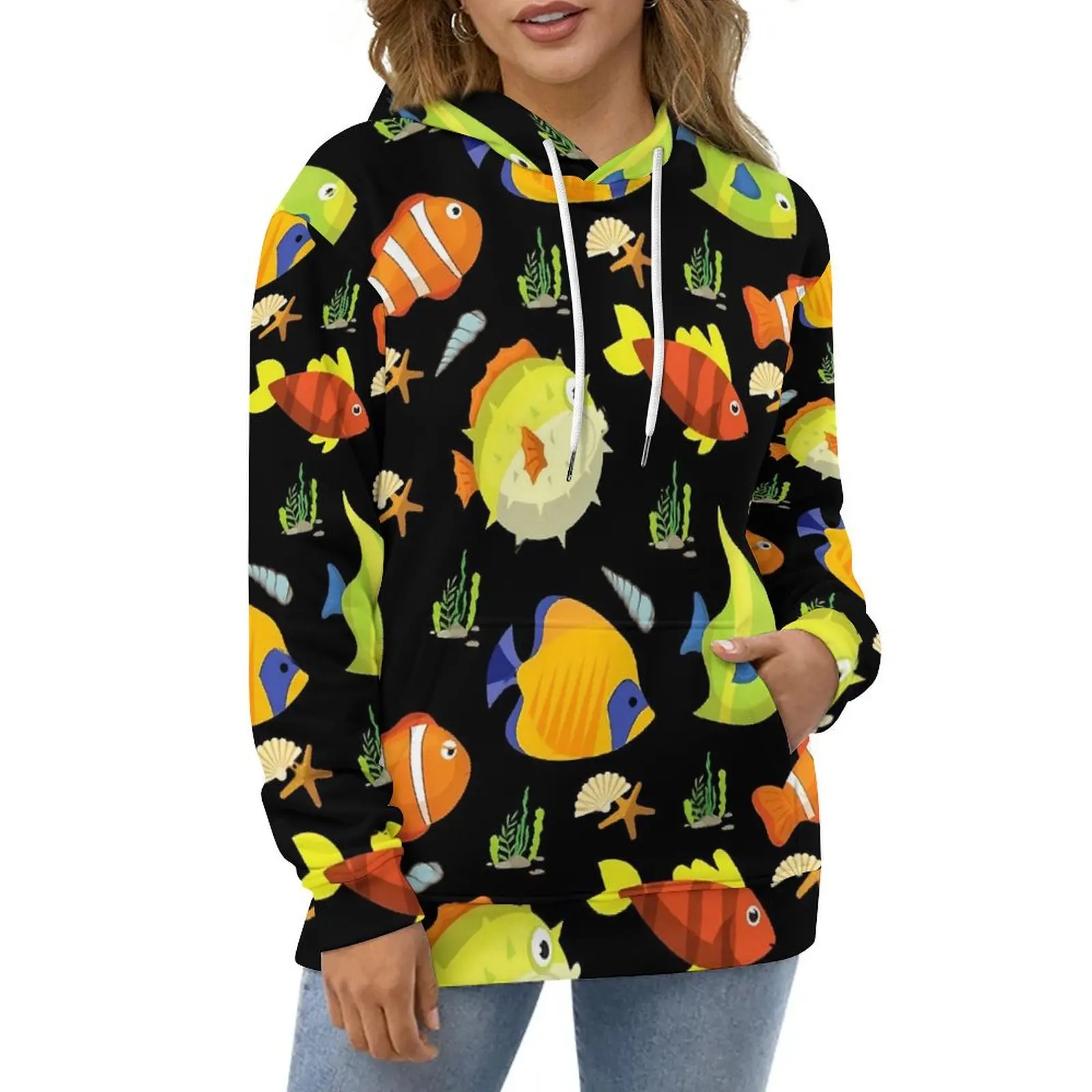 

Sea Fish Print Casual Hoodies Tropical Animal Retro Pullover Hoodie Womens Long-Sleeve Street Wear Loose Oversized Sweatshirts