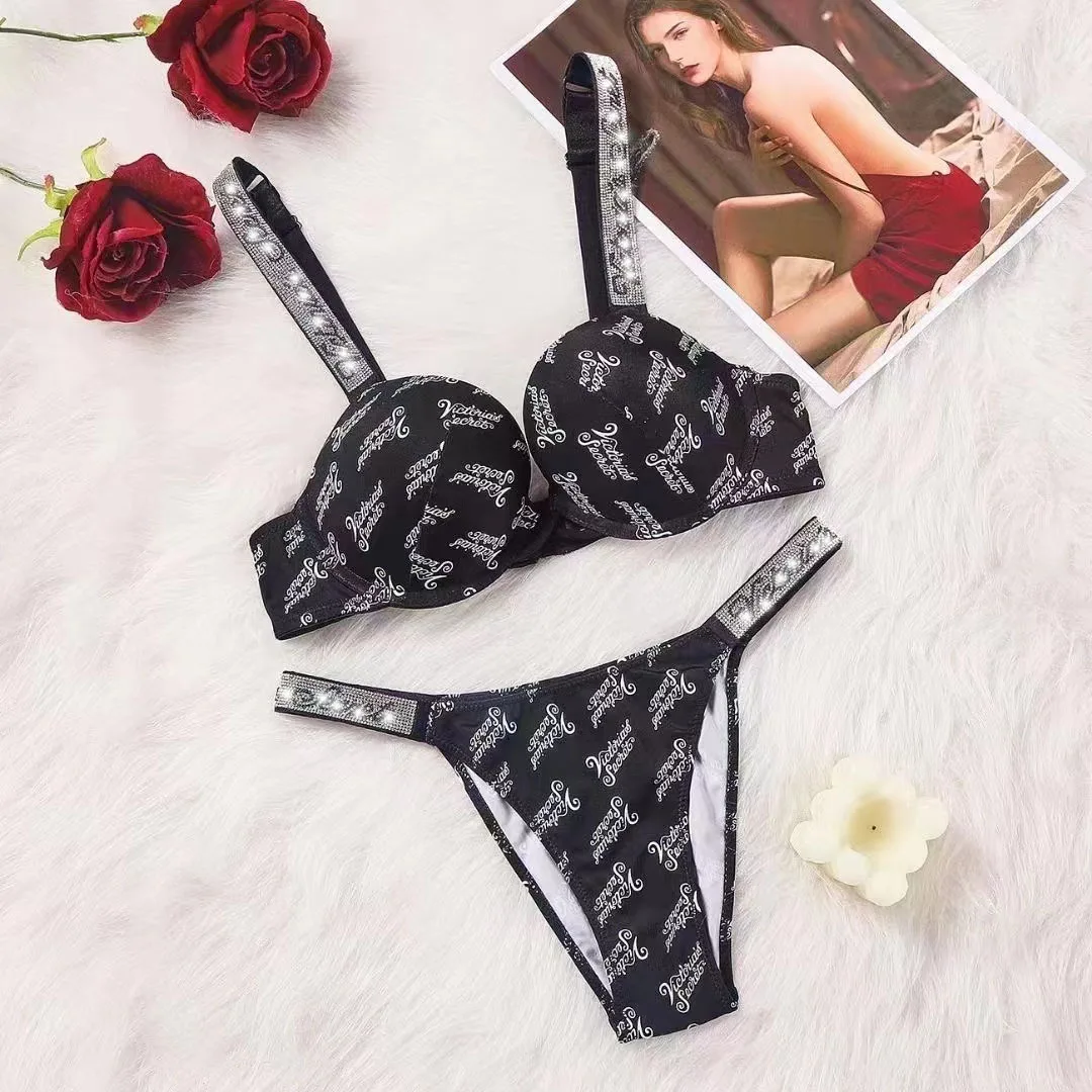 2014 Rhinestone Letter Bra and Panty Set Sexy Women Underwear 2 Pieces Push Up Lingerie Luxury Comfortab Plus Size Bra Wholesale