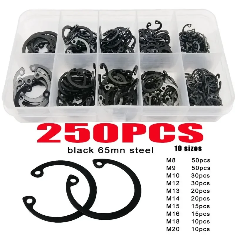 250pcs Assortment Kit Set M8 to M20 304 Stainless Steel Black 65mn Shaft Retaining Hole Clip Snap Ring C Type Internal Circlip