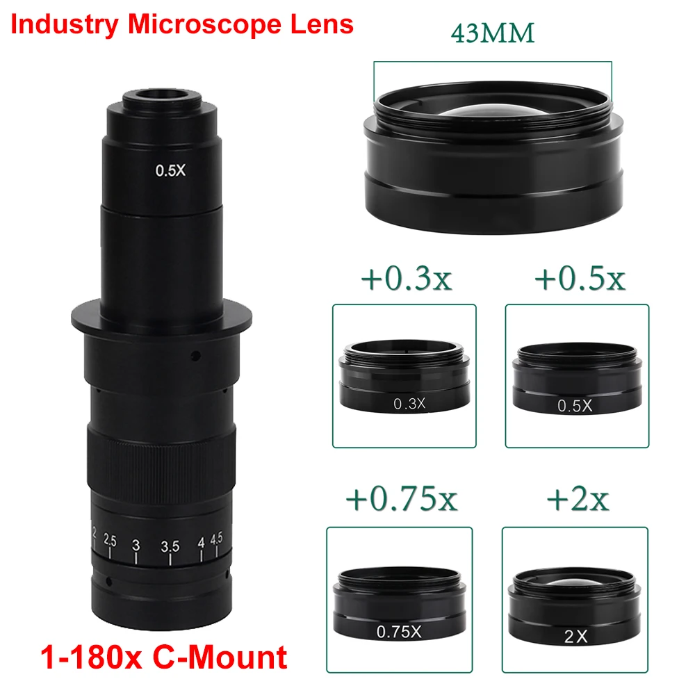 1-180 Magnification Adjustable 180x Monocular Zoom C Mount Industry Video Microscope Lens For HDMI VGA USB Camera Clear Image