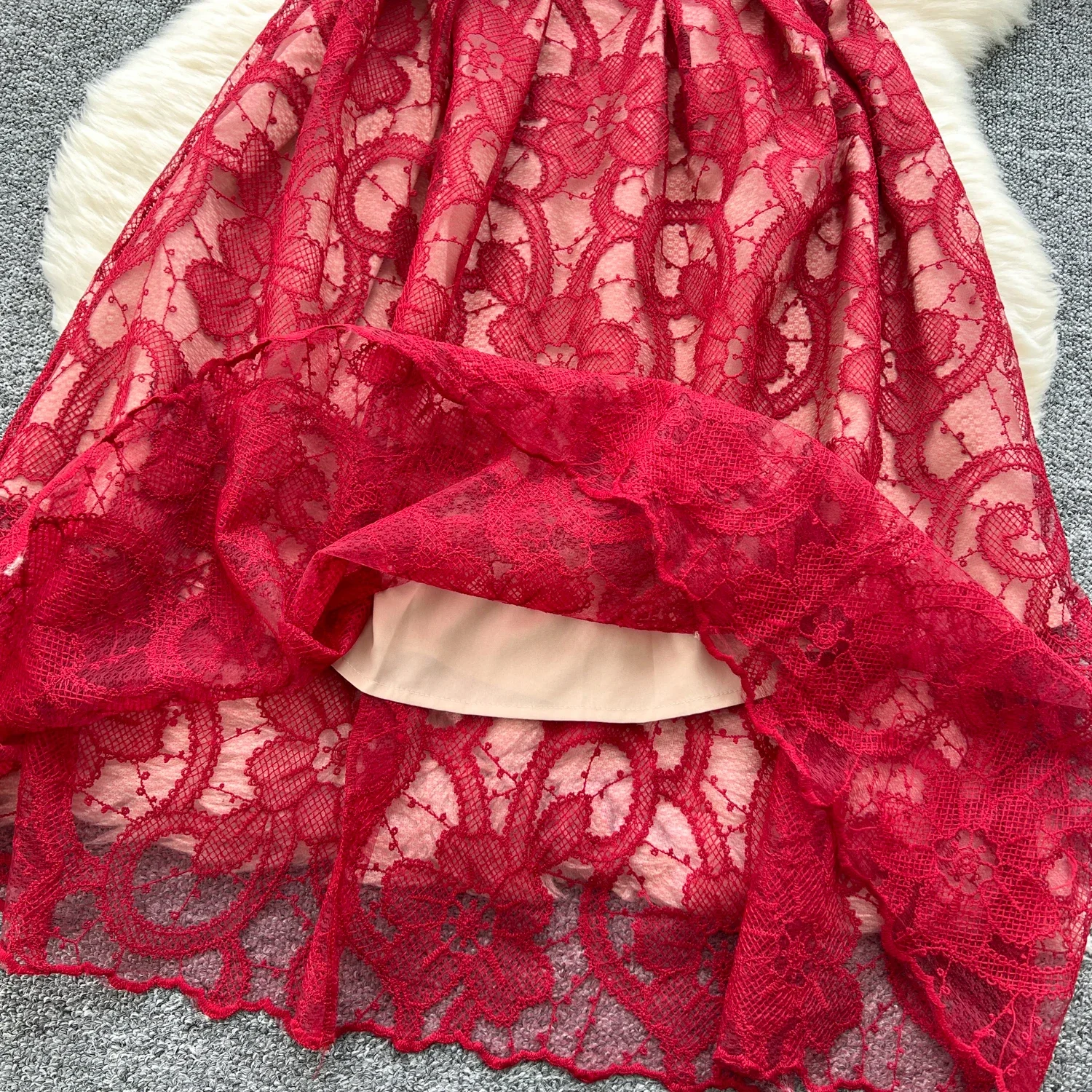 Elegant Hollow Out Hook Flower Lace Vintage O-neck Chic Short Sleeves Slim Long Dress French Evening High Street Summer Clothing