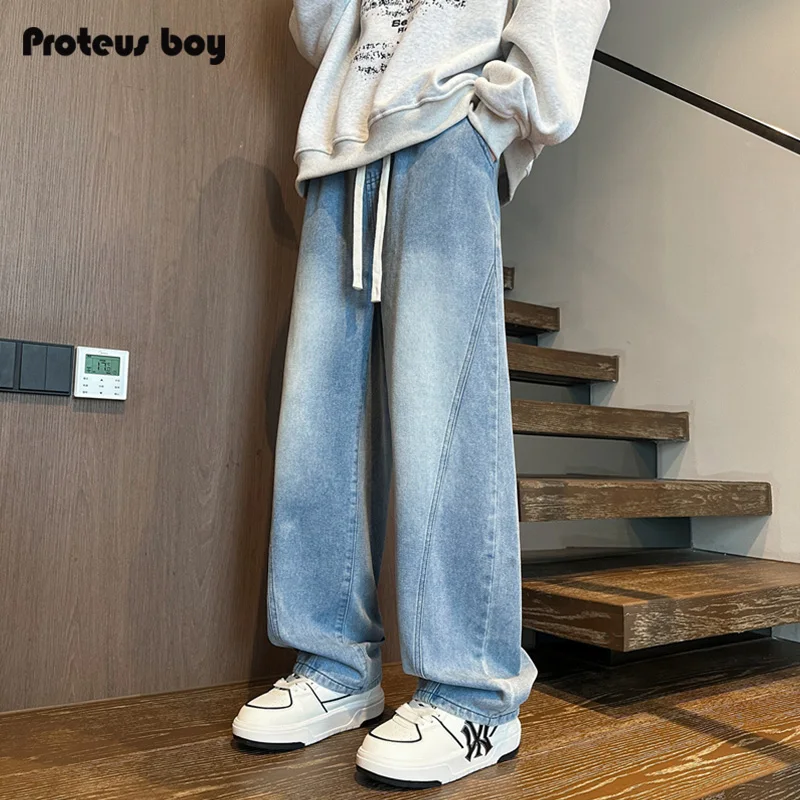 

Мужские прямые широкие джинсы ProteusBoy, повседневные длинные брюки с талией в американском стиле ретро, весна-лето, осень, хлопок, полиэстер...