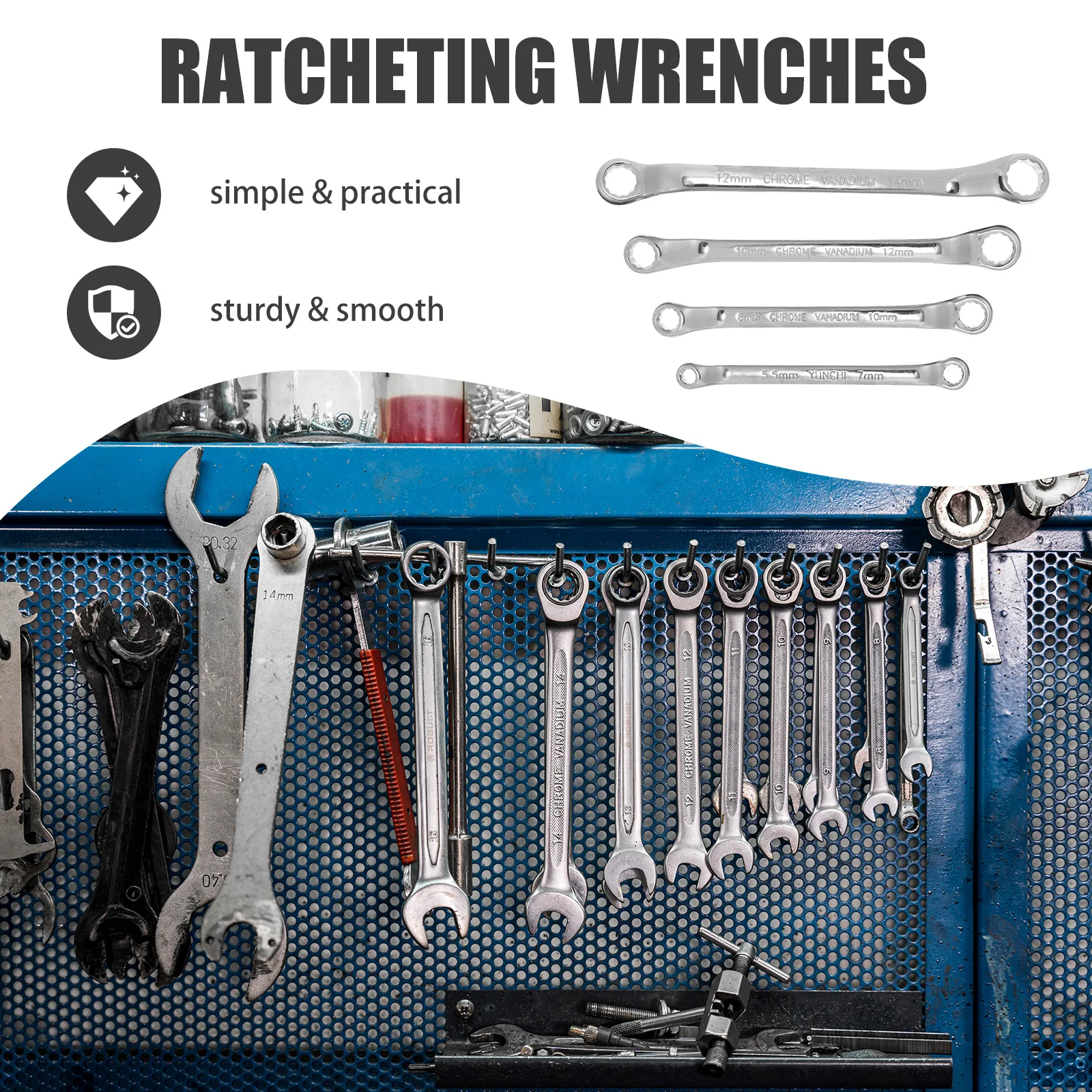 4Pcs Ratcheting Wrench Tool Set Dual Head Flexible Spanner for Emergency Car Repair Portable Ratchet Wrench Ratcheting Spanner