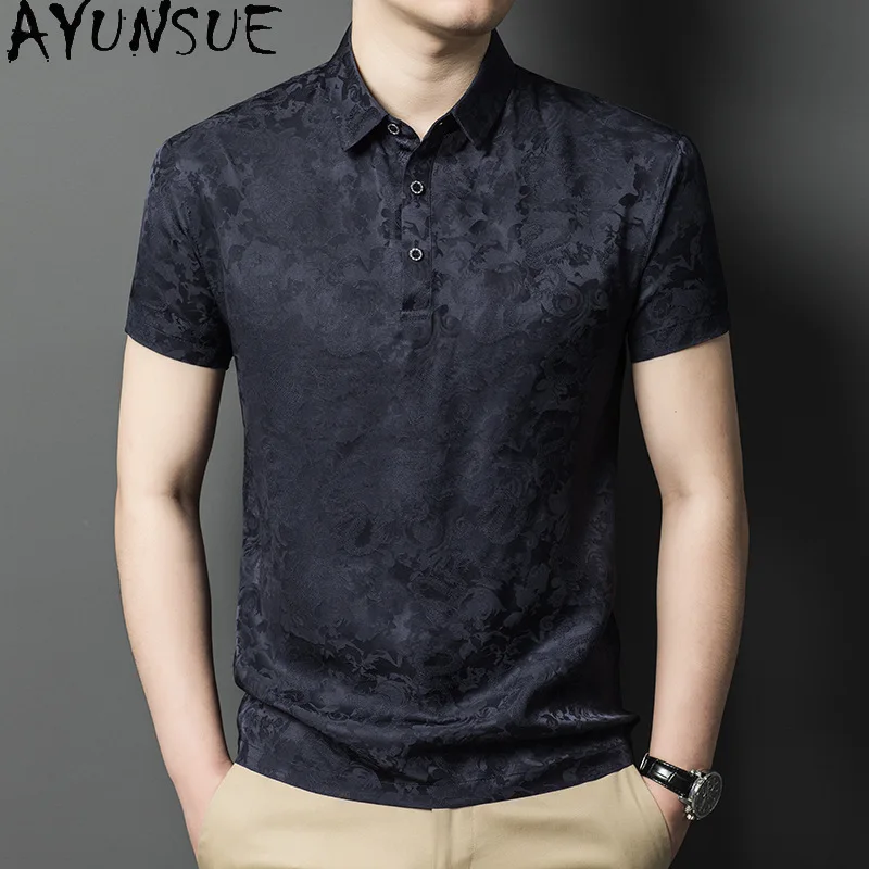 AYUSUE 92.5% Real Mulberry Silk Polo T Shirts for Men Summer Top 2026 Fashion Jacquard Short Sleeve Tee Shirt Casual Polos Shirt