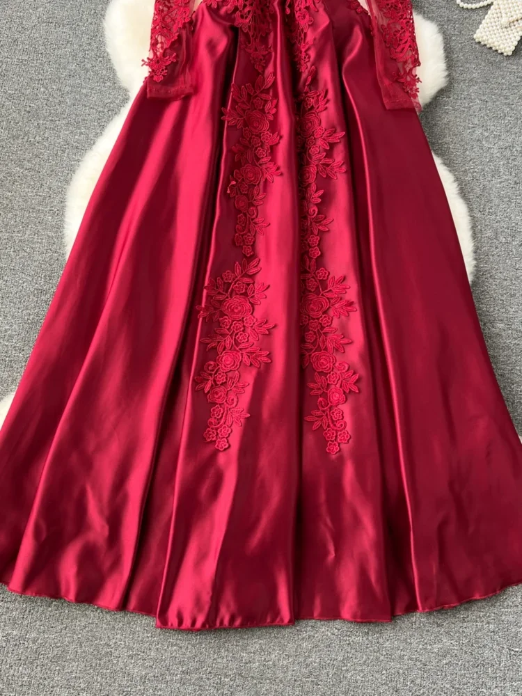 Women Elegant Evening Party Dress Vintage Embroidered Floral Mesh Long Sleeve Red Dresses Ladies Slim A-line Long Robe Vestidos