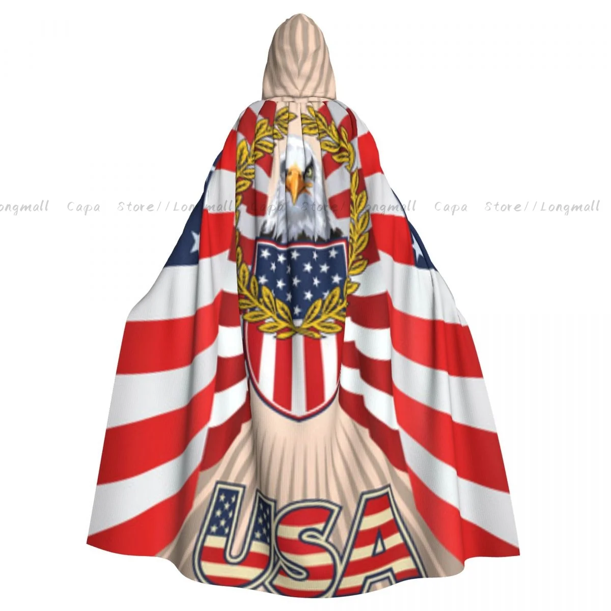 American Eagle With USA Flags Pattern Hooded Cloak Coat Halloween Cosplay Costume Vampire Devil Wizard Cape Gown Party