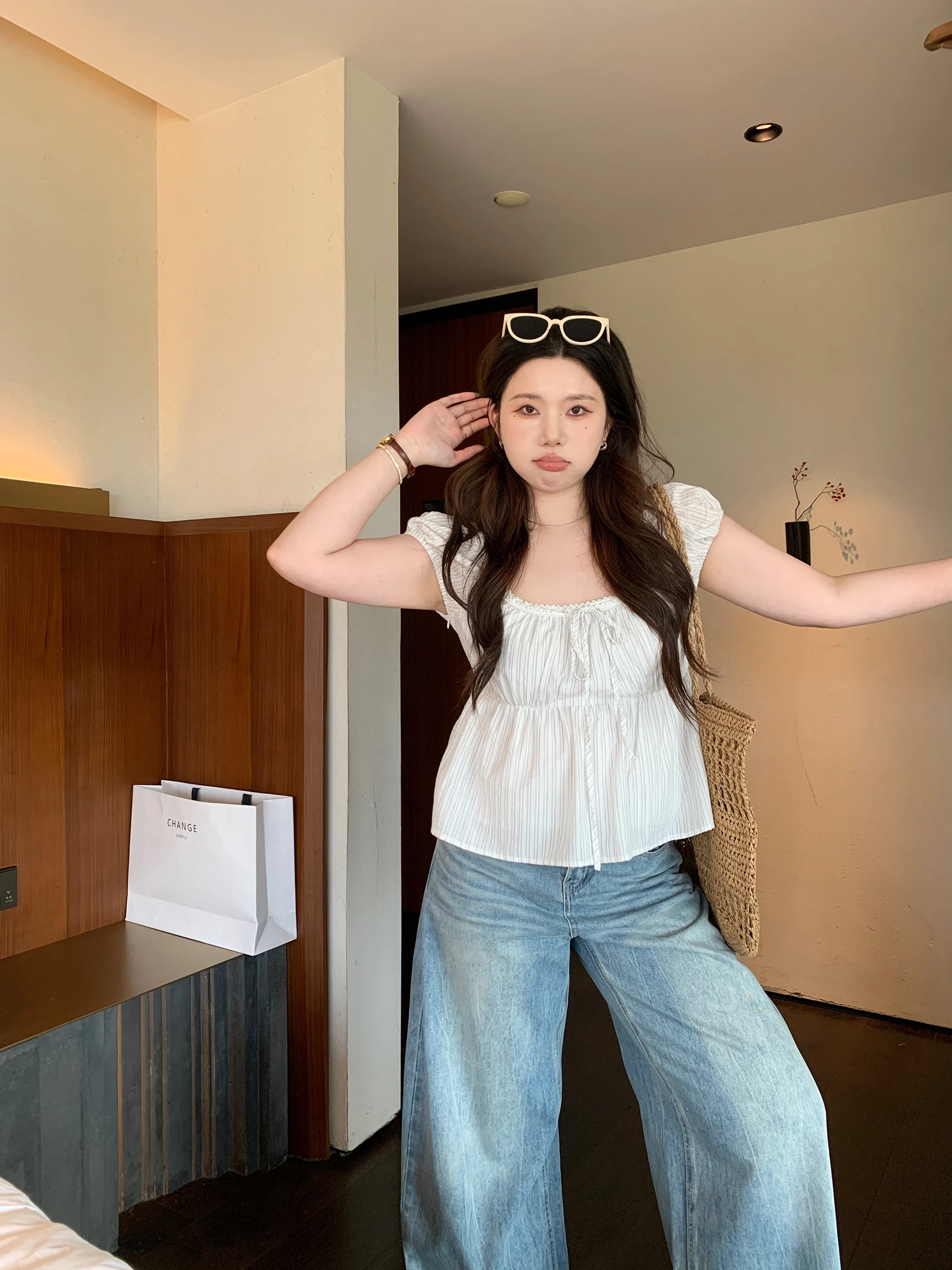 

Romantic Lace Trim irt Striped Bubble Sve Cotton ort Sve Doll Top for plus Size Women Spring Season Regular Length