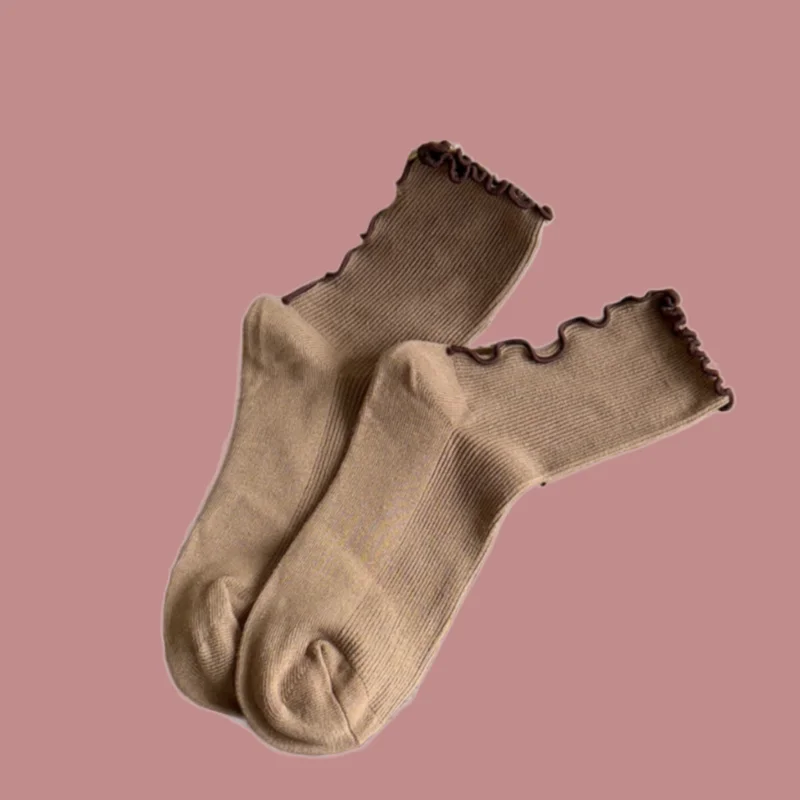 Calcetines de tubo medio de Color sólido para mujer, medias con orejas de madera, de encaje, versátiles, transpirables, informales, de algodón, Retro, 3/6 pares