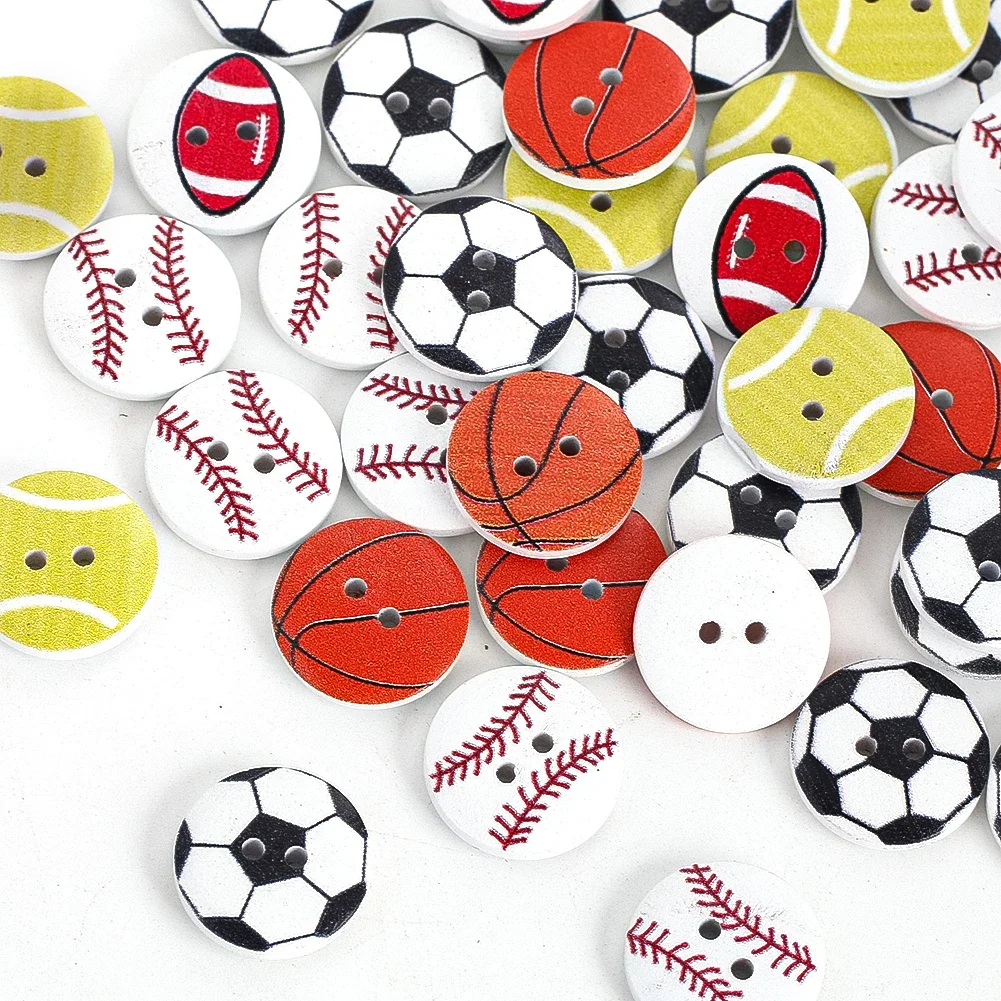 20 piezas 20mm redondo dos agujeros botones de madera impresos fútbol baloncesto pelota de tenis niños ropa de bebé suéter botón de equipaje