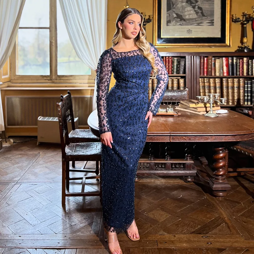 แฟชั่นชุดราตรีที่กำหนดเองคอตักแขนยาวประดับด้วยลูกปัดประดับด้วยเลื่อมความยาวข้อเท้าปาร์ตี้นางเงือกชุดราตรี