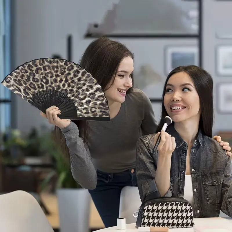 Elegant Leopard Print Folding Fan, Black Frame - Princess Theme, Lightweight and Portable, Suitable for Women, Handheld Fan | Princess Themed Fan | Lightweight Fan