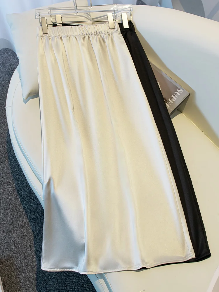 

Summer Thin A-Line Half-length Skirt Women's High-waist Drapey Split Midi-length Wraparound Skirt Acetate Satin Fabric