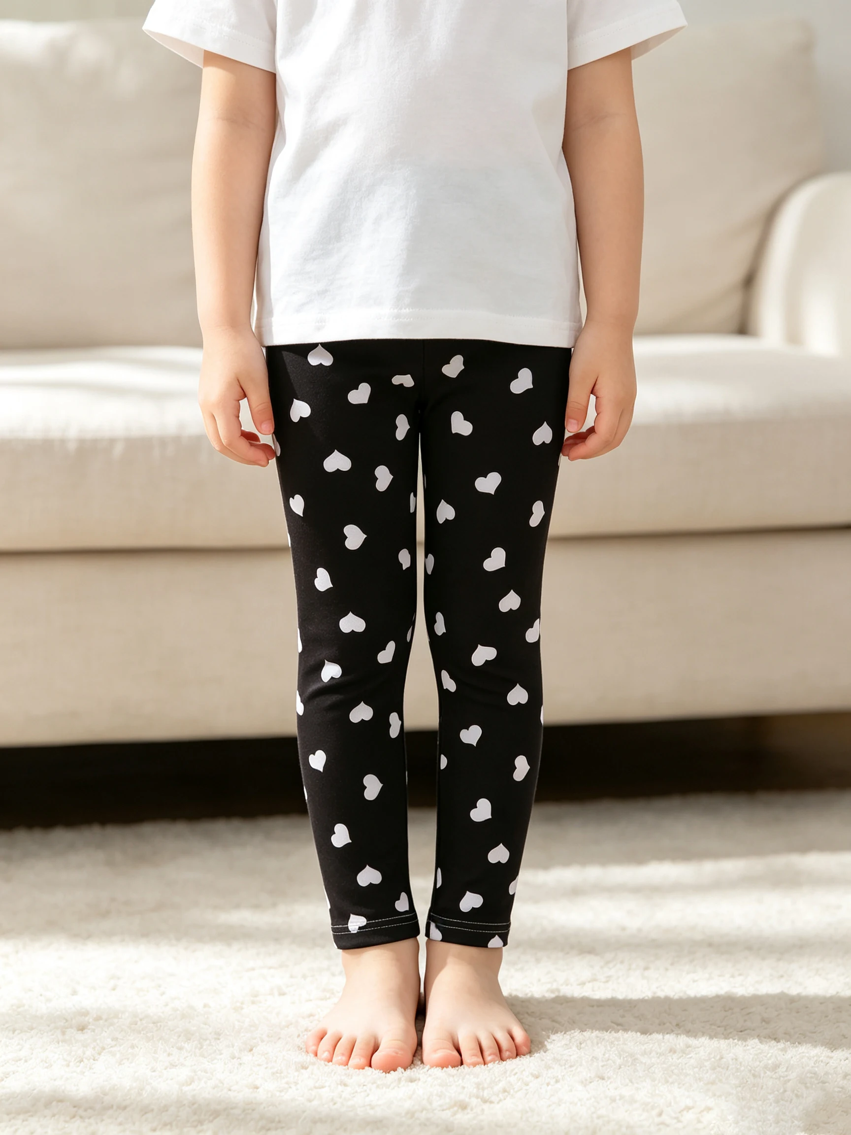 2 Paar Frühlings- und Sommer-Leggings für Mädchen, einfarbig, mit Herz-Aufdruck, weiche Stretch-Knöchelhose für Kinder, lässige Alltagskleidung, Kinderhose – Detail 4