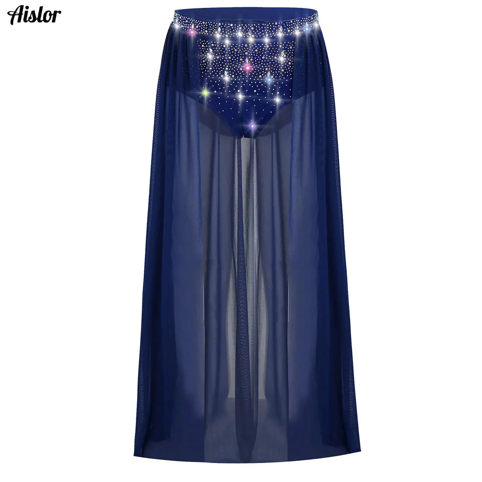 

Kids Girls Lyrical Modern Dance Skirt Shiny Rhinestones Open Front Flowy Sheer Mesh Skirt with Built-in Briefs for Performance