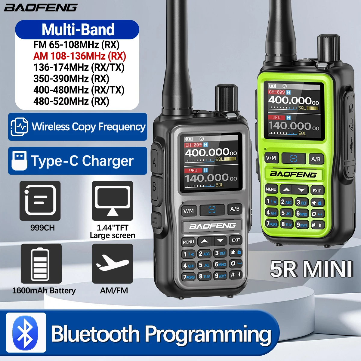 BAOFENG Mini Walkie Talkie UV-5R Multi Band Wireless Bluetooth Programming Frequency 999CH Portable Ham Radio with Flashlight