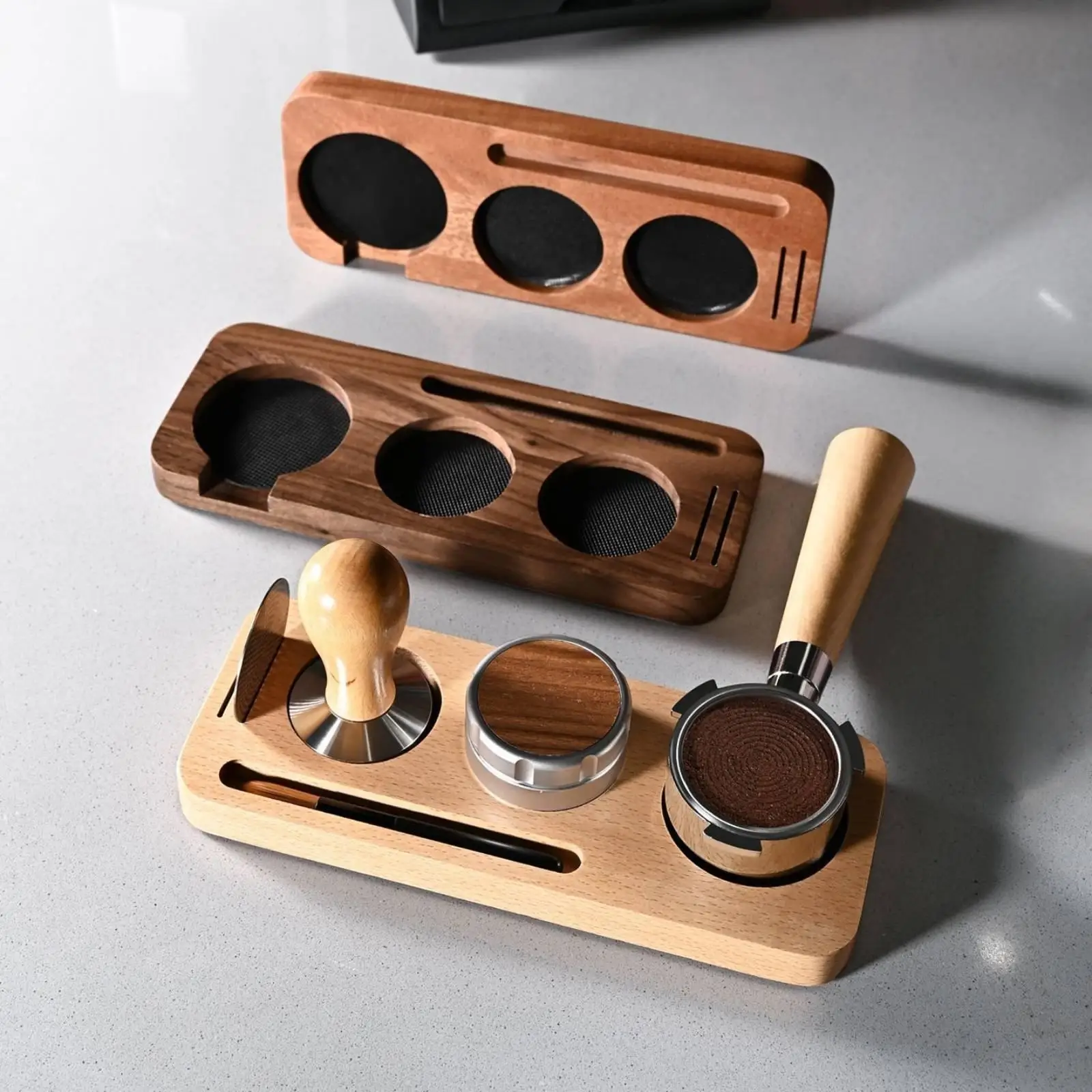 Coffee Machine Base Wooden Espresso Compressing Station with Storage Slots for 51mm 58mm Accessories Fit Home Barista Tools
