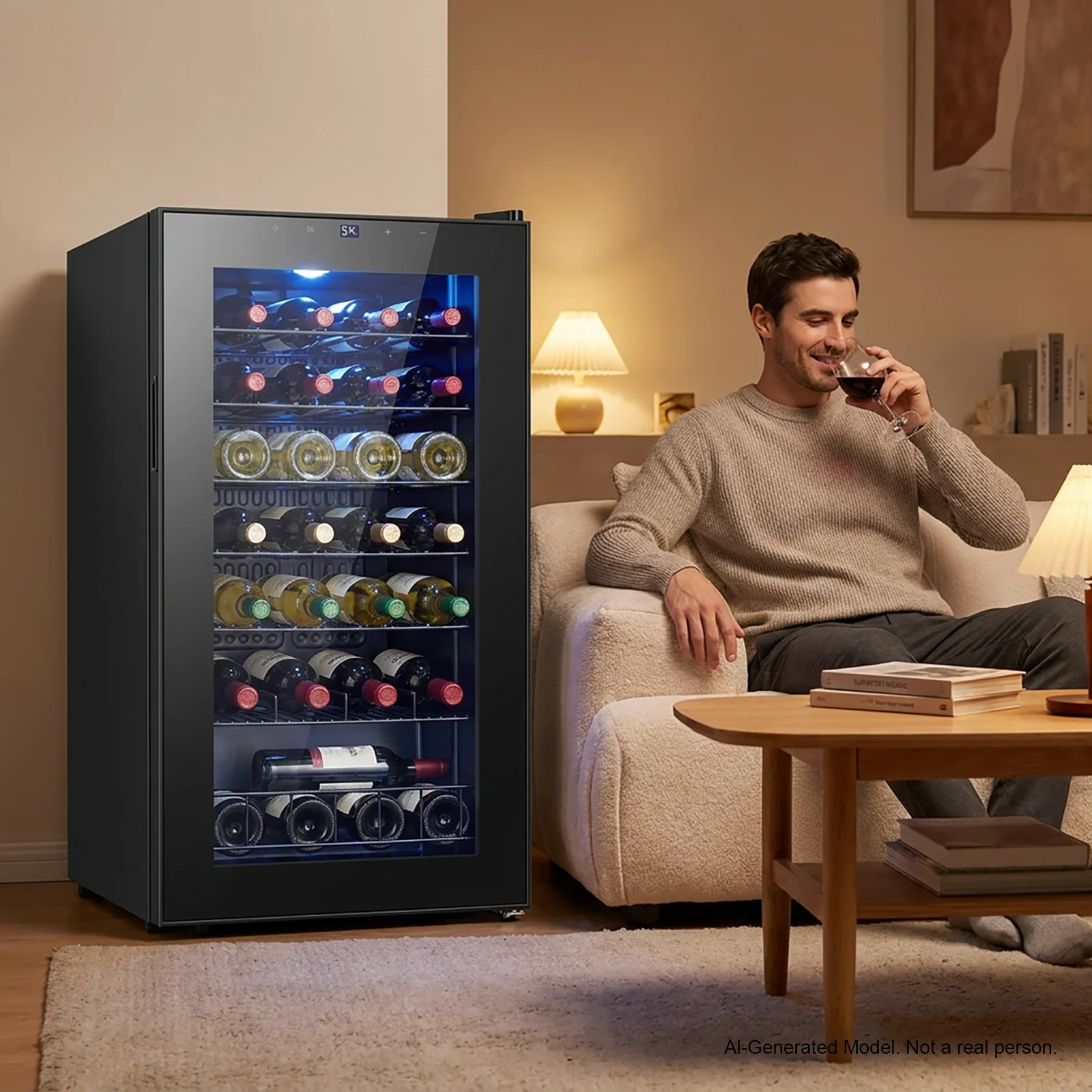 

28 Bottles Compressor Wine Cooler Single Zone Freestanding Wine Refrigerator Electronic Touch Control 37-65°F Adjustable Temp Blue Interior Light Wine Storage Fridge for Home Bar Kitchen