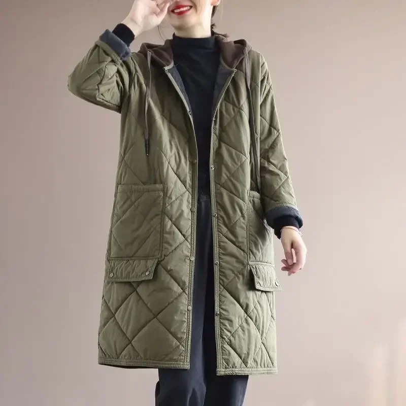 Winter Oversized 4xl Hooded Single-breasted Big Pocket Mid Length Women Coats Vintage Lightweight Warm Outwear New Loose Jackets