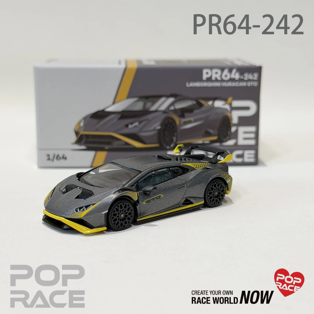 POP RACE PR640242 1:64 Huracan STO Matte Dark Grey Accent Removable Rear Engine Cover Detailed Gold Engine Diecast Model Car