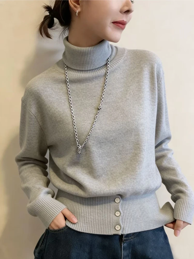 

Женский вязаный свитер с высоким воротником, облегающий повседневный шерстяной базовый слой, топ, мягкий уютный зимний модный