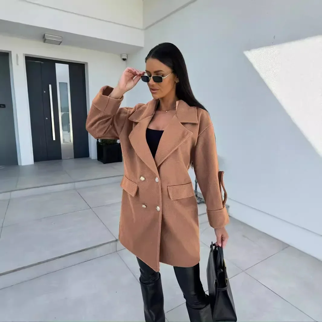 Women Lapel Double Breasted Woolen Coat Mid Long Length Solid Color Loose Elegant Office Outerwear Overcoat