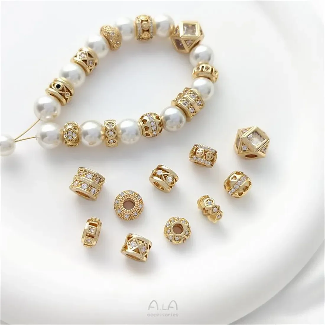 14K Gold Package with Micro Inlaid Zircon Beads, Wheel Beads, Partition Pieces, Road Links, DIY Pearl Necklace Accessories C327