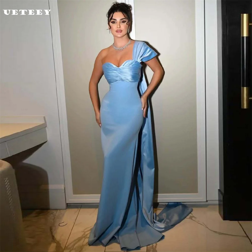 

UETEEY Customized Simple One Shoulder Pleats Crepe Sheath Prom Dress Elegant Party Gown Zipper Back Floor Length Evening Gown