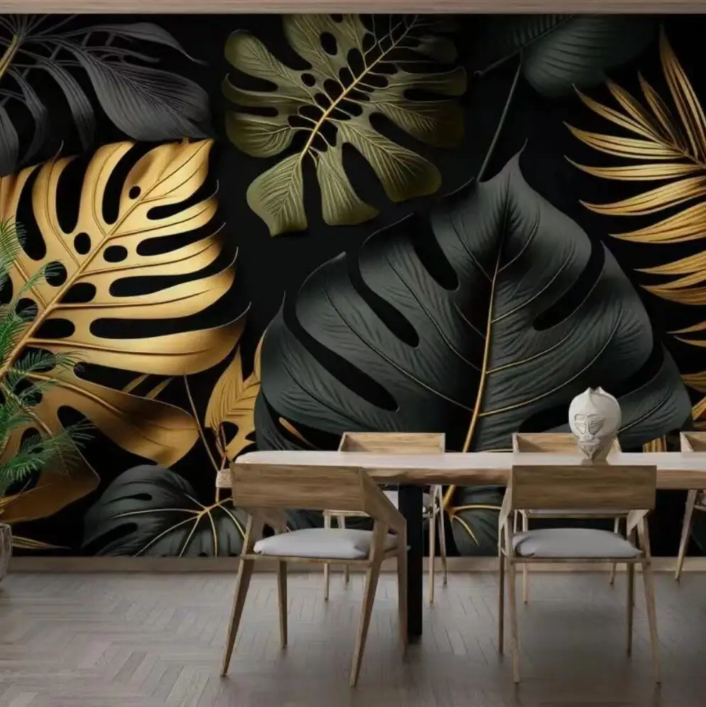Customized Wallpaper Nordic Hand-Painted Tropical Plant Gold Leaf Mural Black Background Turtle Back Leaf Palm Leaf 3D Wallpaper