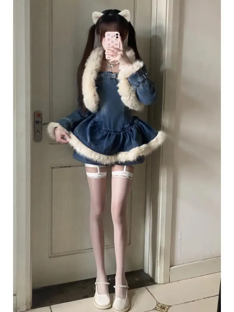 

Pure Desire Spicy Girl Sweet Антивозрастной джинсовый комплект из искусственного меха Осень-зима Новый ор Jaet Strap Dr Onesie для молодых женщин