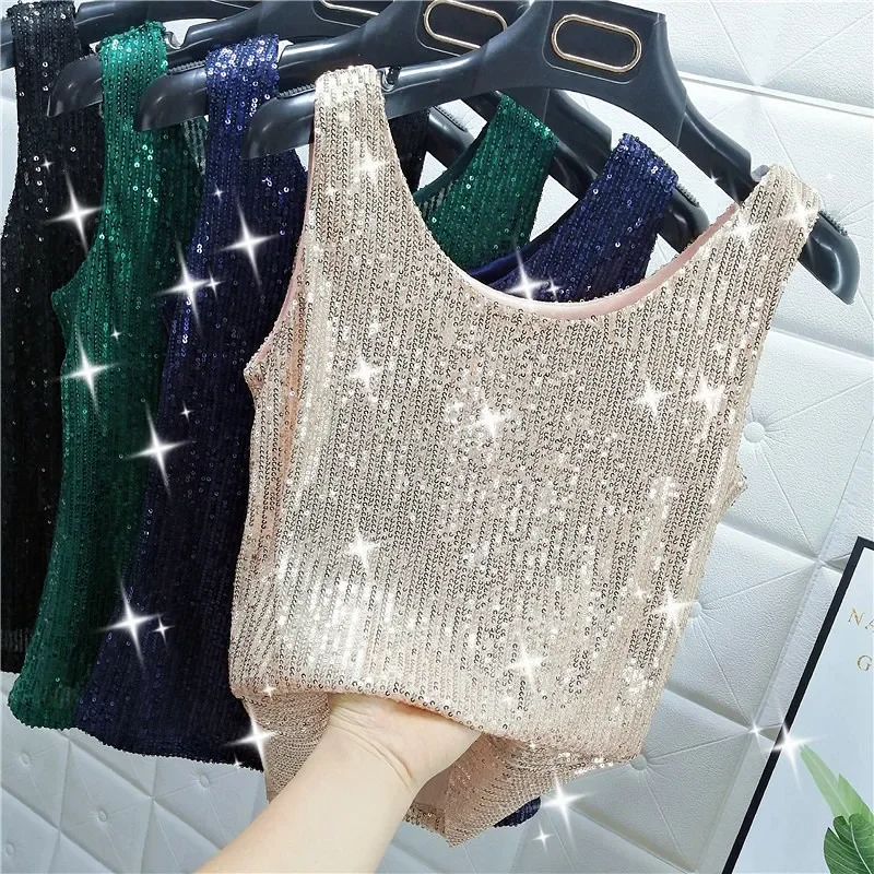 

Shiny Sequins Round Neck Vest Women's Outerwear 2023 Summer New Bright Silk Fashion Flashing Bottoming Shirt Camisole Top