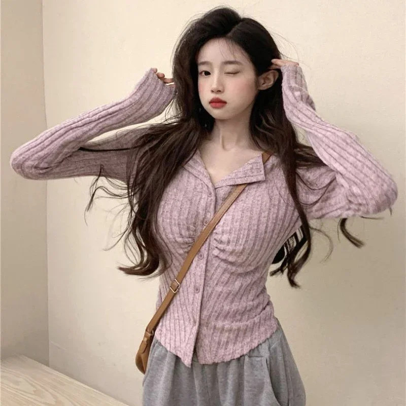 

Women Retro Folds Autumn Tender Feminine Sweet Long Sleeve Tops Fashion Young American Style Basic Street Wear