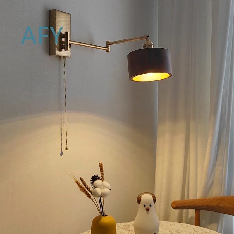 American Black Walnut Long Pole Wall Lamp for Nordic Bedroom Bedside Study Homestay Drawstring Switch Rotatable Bracket Light