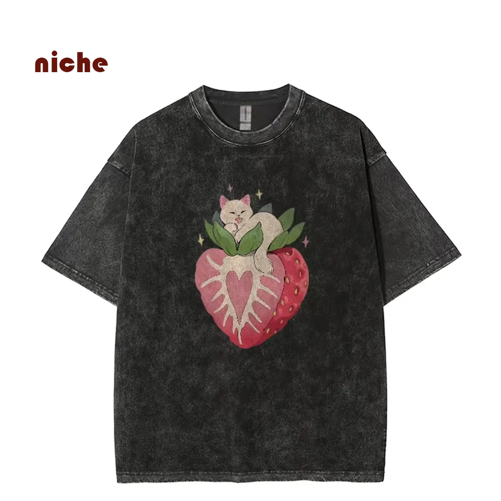 

Cute Kitten Delicious Strawberry Print T-Shirt Pure Cotton Couple Outfit Round Neck Shoulder Down Retro Washed New Short Sleeves