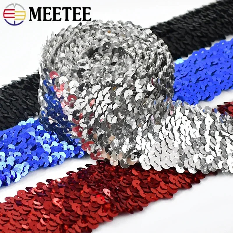 2/5/10Meters 45mm Sequined Lace Trim Stretch Elastic Band Glitter Fringe Ribbon DIY Dress Clothes Decoration Sewing Accessories