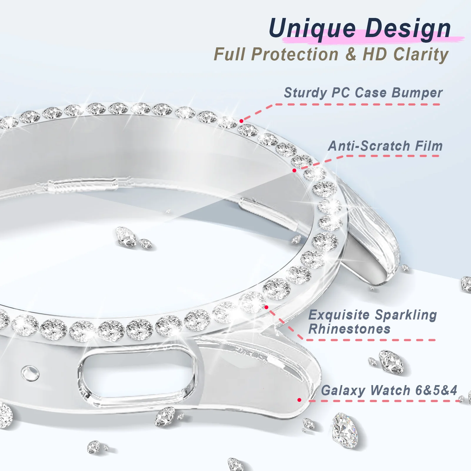 삼성 갤럭시 워치용 유리 및 케이스, 블링 다이아몬드 PC 범퍼 및 스크린 보호대 커버, 삼성 갤럭시 워치 6 액세서리, watch4 watch5 44mm 40mm
