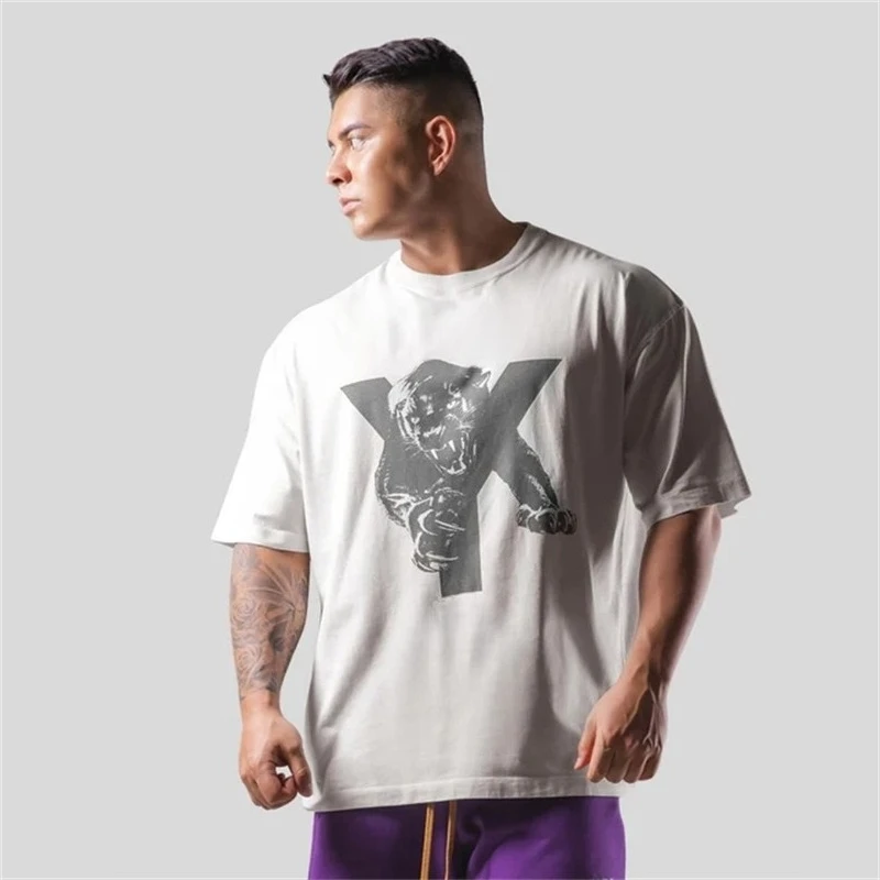 2026 new Men's Gym T-Shirt, Y Letter Panther Graphic, Oversized Heavy Cotton Streetwear For Bodybuilding Powerlifting