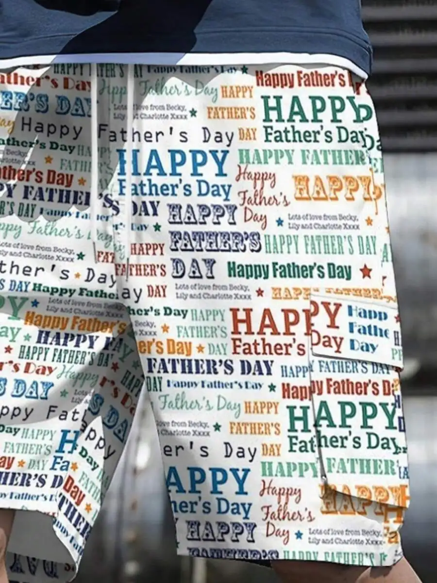 

Mens Casual Shorts With All-Over Happy Fathers Day Print, Polyester, Lightweight Breathable