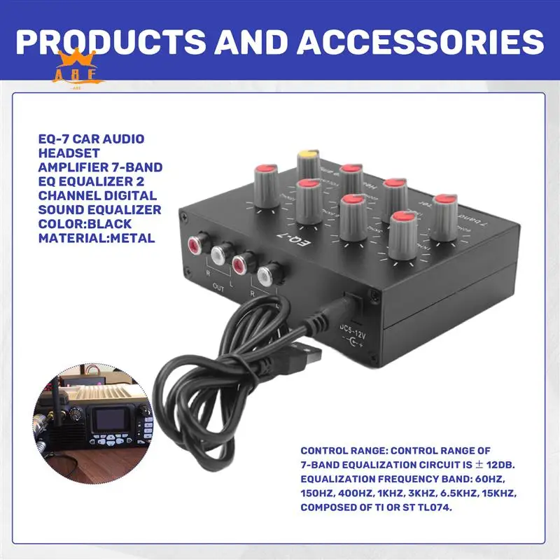 A08E-EQ-7 Car Audio Headset Amplifier 7-Band EQ Equalizer 2 Channel Audio Mixer Equalizer