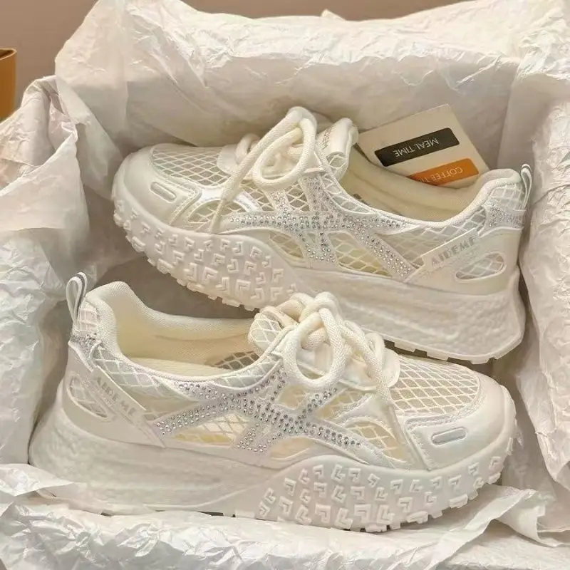 

Women's Bling Crystal Mesh Breathable Sneakers 2026 New Women Flat Sports Running Shoes Ladies Fitness Shoes Chunky Sneakers