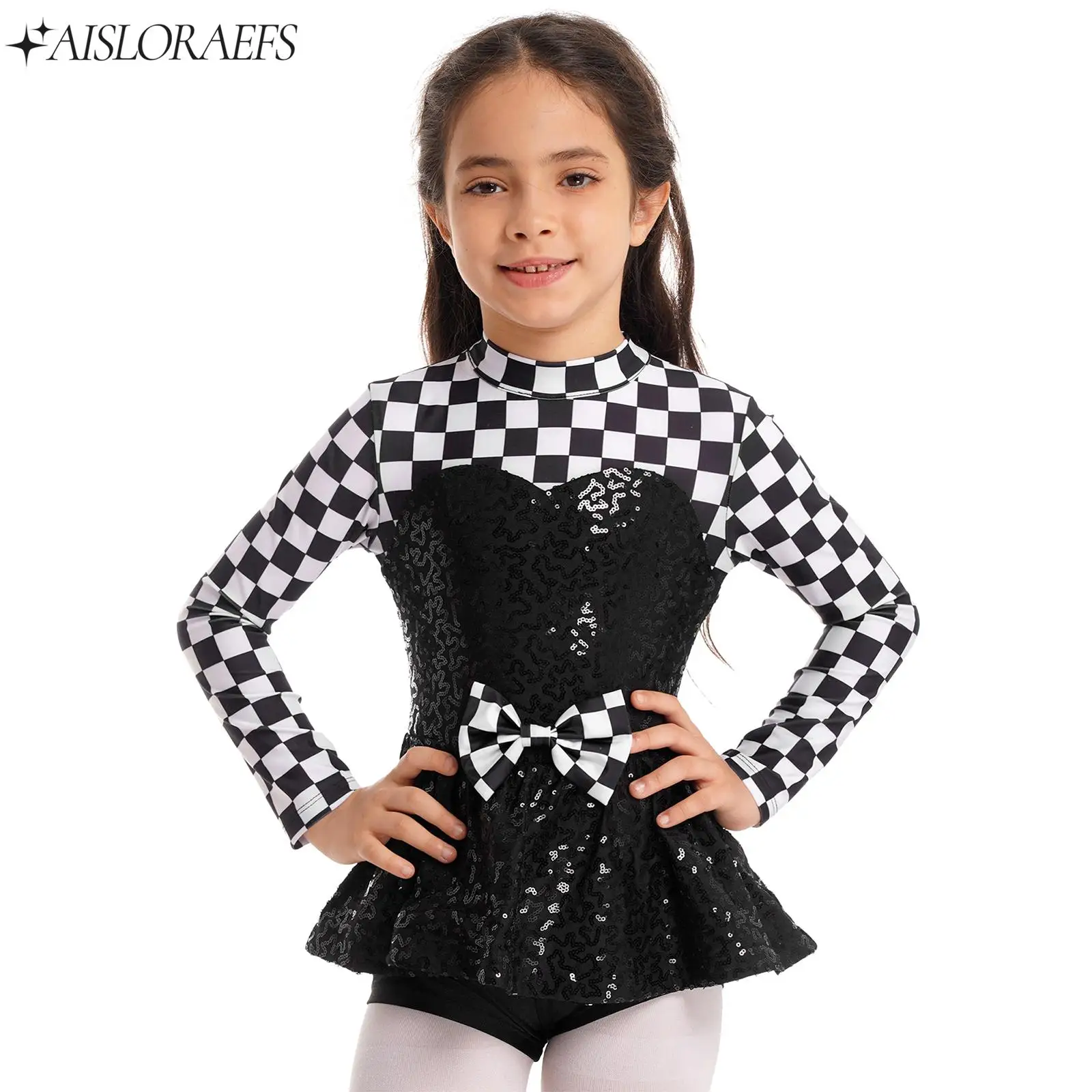 Kids Girls Racer Costume Bodysuits Long Sleeve Sequin Checkerboard Bowknot Bodysuit for Cosplay Dress Up Fancy Party Performance