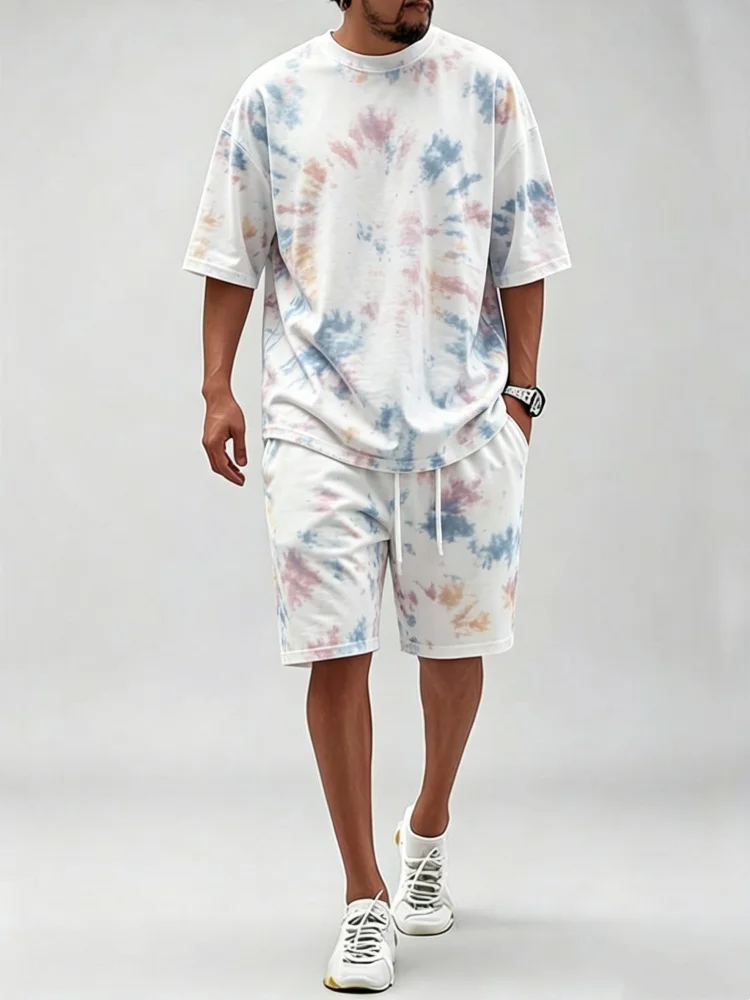 Men Oversized Crew Neck Short Sleeve Tee Drawstring Knee Length Shorts Pastel Swirl Tie Dye All Over Print Casual Two Piece Set