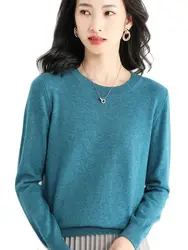 Spring Autumn Women Merino Wool Sweater  Cashmere Pullover O-Neck Knitwear Slim Solid Collar Fashion Basic Clothing Tops