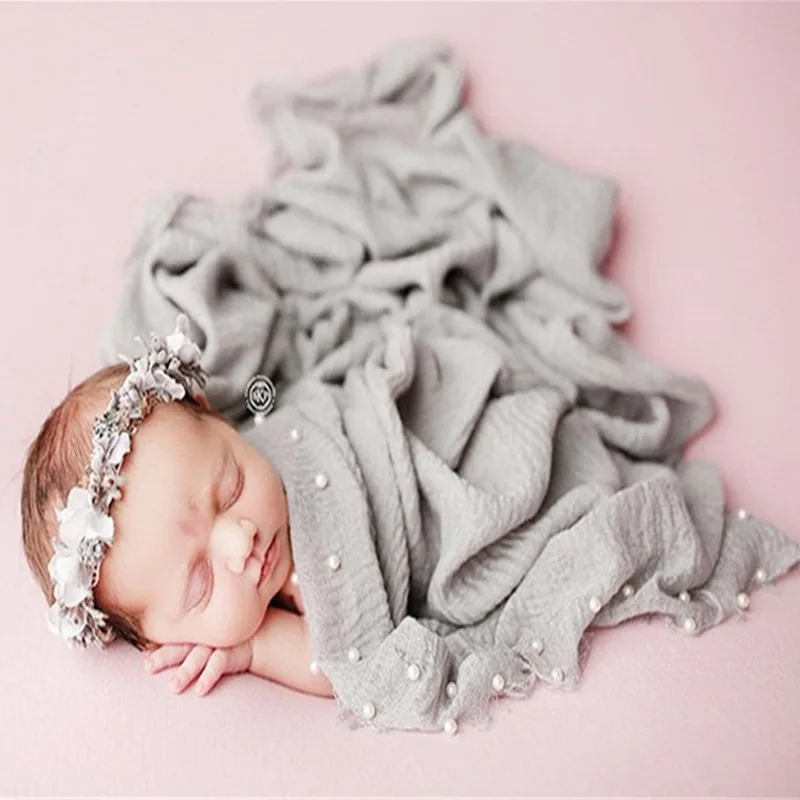 90x170cm Photo Shoot Prop Soft Stretchy Knit Baby Wrap Infant Pearl Headband for Newborn Baby Photography Accessories